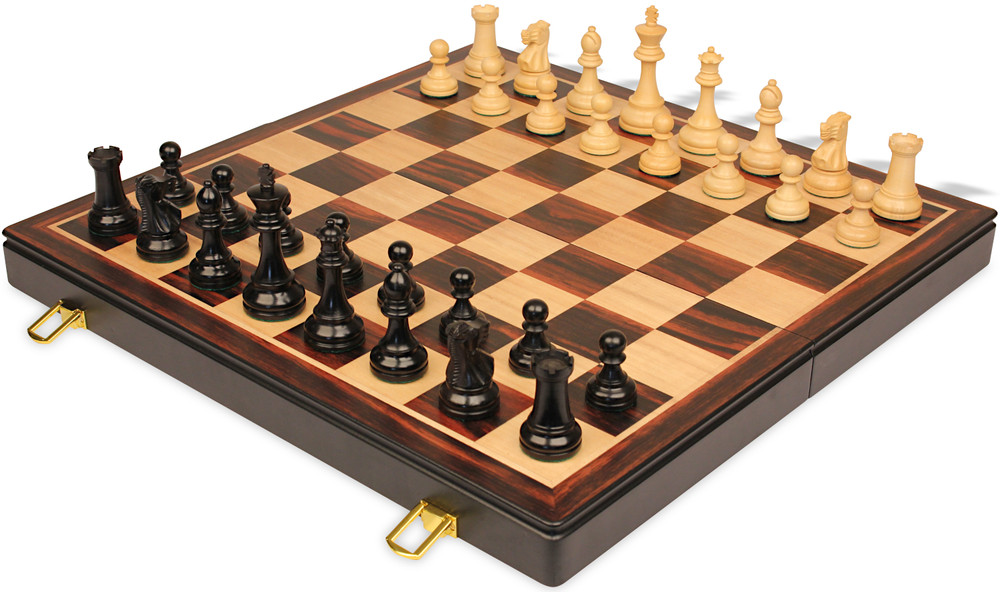 British Staunton Chess Set - Ebonized & Boxwood Pieces - Folding Macassar Case - 3.5" King